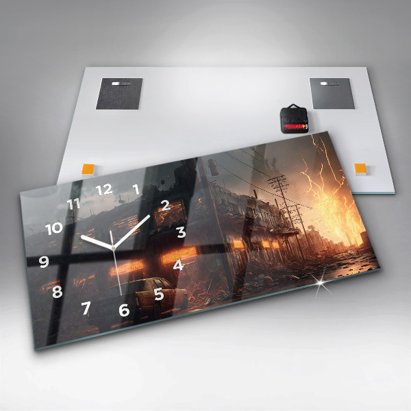 Glass wall clock rectangular Apocalyptic building