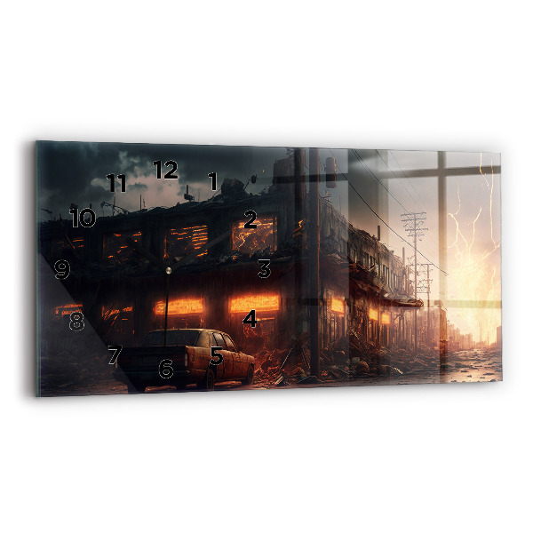 Glass wall clock rectangular Apocalyptic building