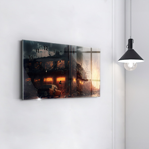 Glass wall clock rectangular Apocalyptic building