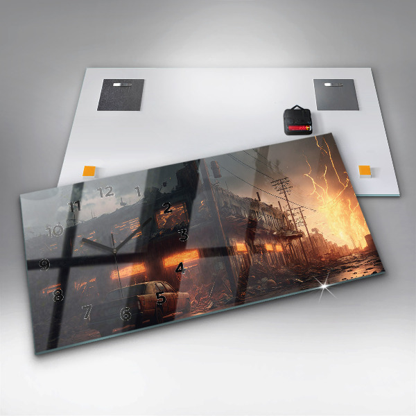 Glass wall clock rectangular Apocalyptic building