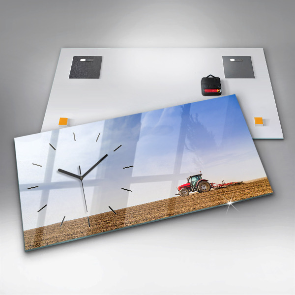 Glass wall clock rectangular Farmer on a tractor