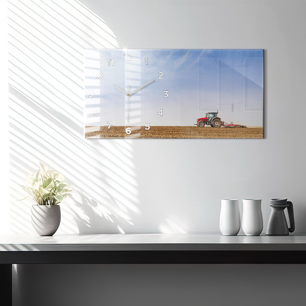 Glass wall clock rectangular Farmer on a tractor