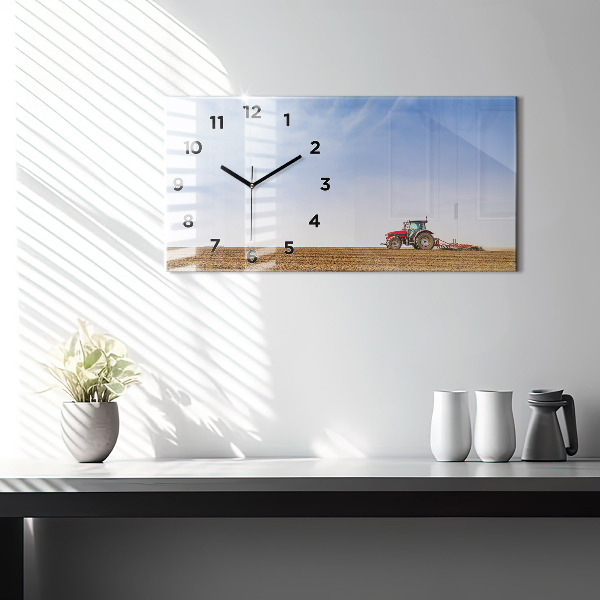 Glass wall clock rectangular Farmer on a tractor
