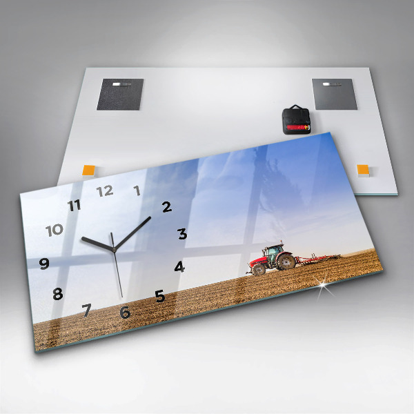 Glass wall clock rectangular Farmer on a tractor