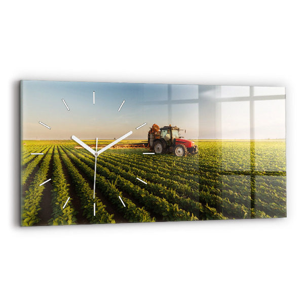 Glass wall clock rectangular Tractor spraying a field