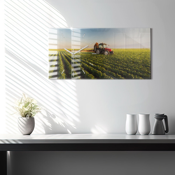 Glass wall clock rectangular Tractor spraying a field