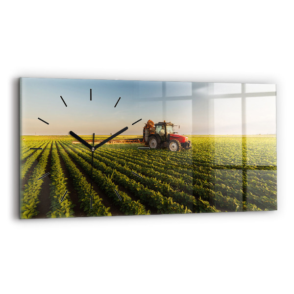Glass wall clock rectangular Tractor spraying a field