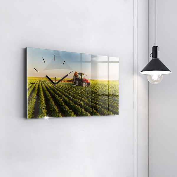 Glass wall clock rectangular Tractor spraying a field