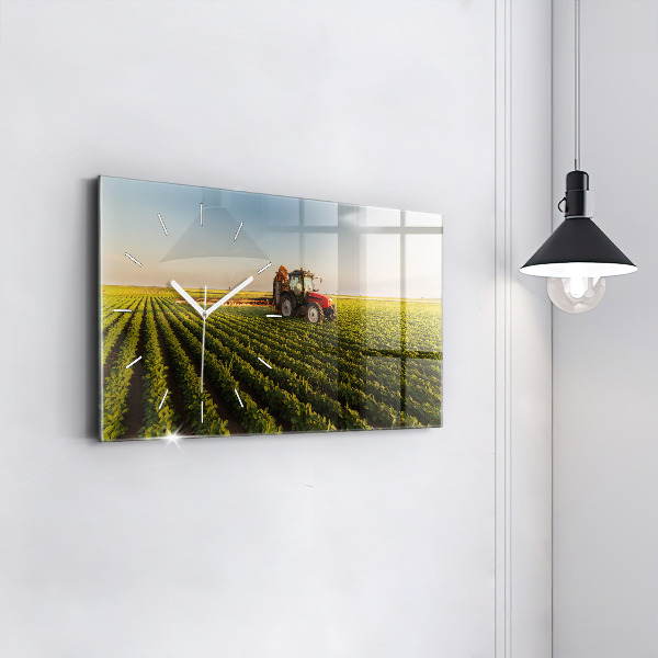 Glass wall clock rectangular Tractor spraying a field