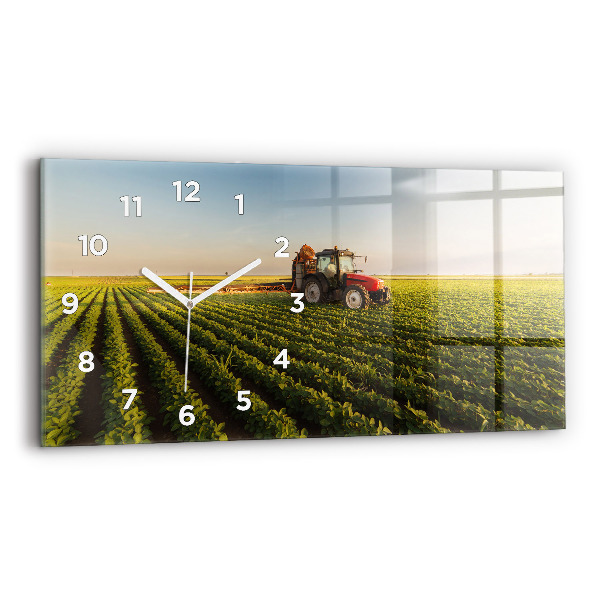 Glass wall clock rectangular Tractor spraying a field