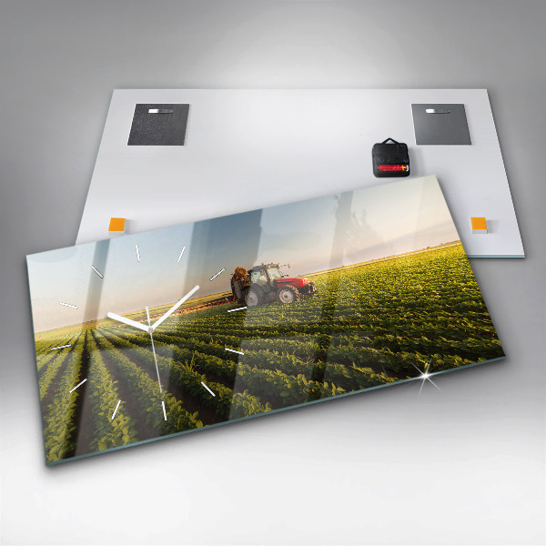 Glass wall clock rectangular Tractor spraying a field
