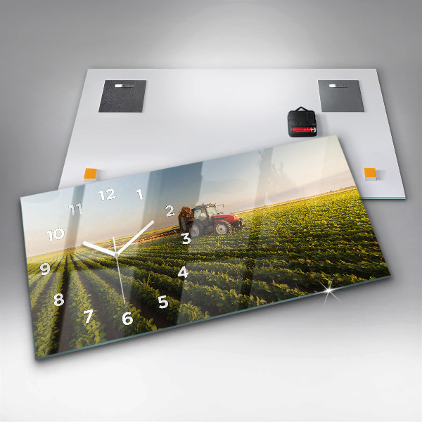 Glass wall clock rectangular Tractor spraying a field