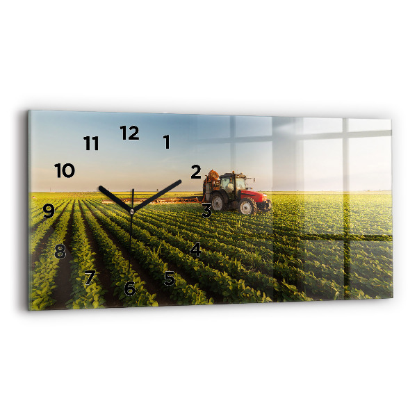 Glass wall clock rectangular Tractor spraying a field