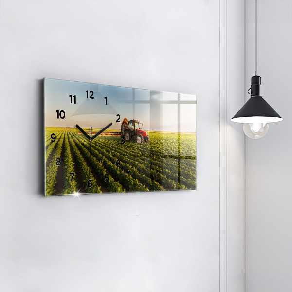 Glass wall clock rectangular Tractor spraying a field