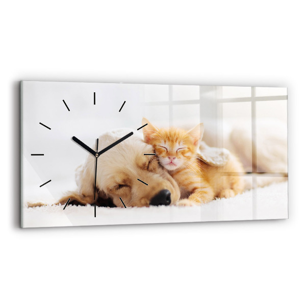Glass wall clock rectangular Sleeping cat and dog