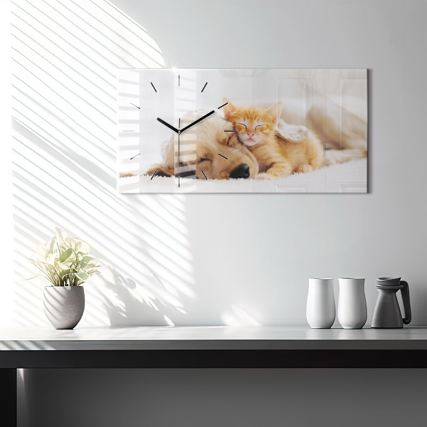 Glass wall clock rectangular Sleeping cat and dog