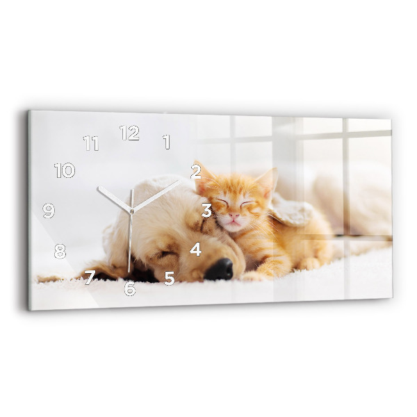 Glass wall clock rectangular Sleeping cat and dog