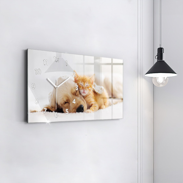 Glass wall clock rectangular Sleeping cat and dog