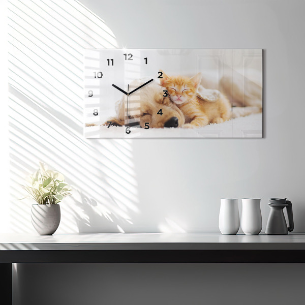 Glass wall clock rectangular Sleeping cat and dog