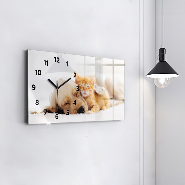Glass wall clock rectangular Sleeping cat and dog