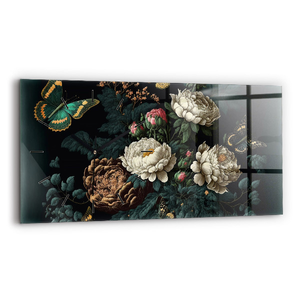 Glass wall clock rectangular Flower and golden butterflies