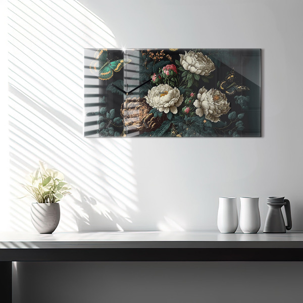 Glass wall clock rectangular Flower and golden butterflies