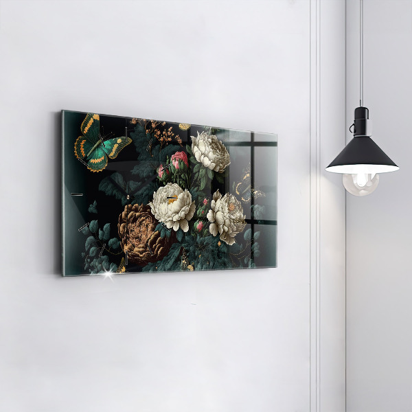Glass wall clock rectangular Flower and golden butterflies