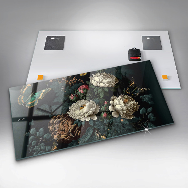 Glass wall clock rectangular Flower and golden butterflies
