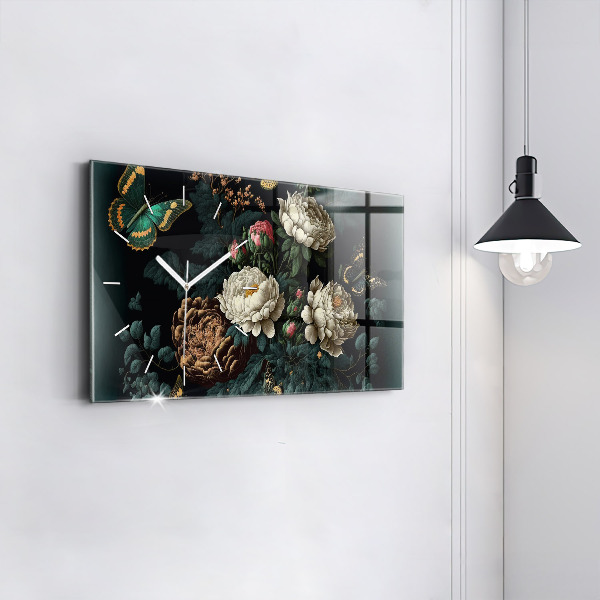 Glass wall clock rectangular Flower and golden butterflies