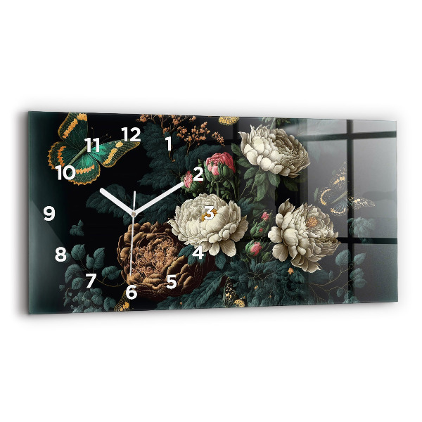Glass wall clock rectangular Flower and golden butterflies
