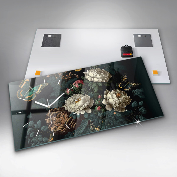 Glass wall clock rectangular Flower and golden butterflies