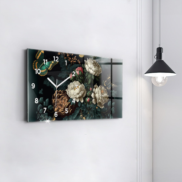Glass wall clock rectangular Flower and golden butterflies