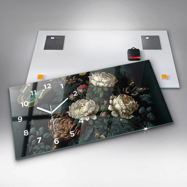 Glass wall clock rectangular Flower and golden butterflies