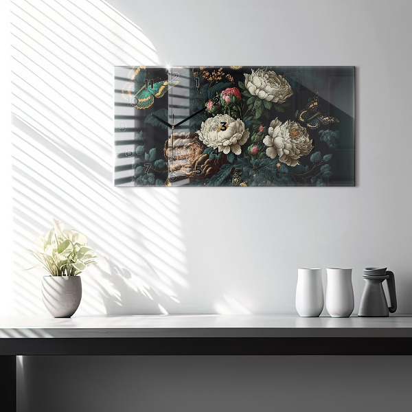 Glass wall clock rectangular Flower and golden butterflies