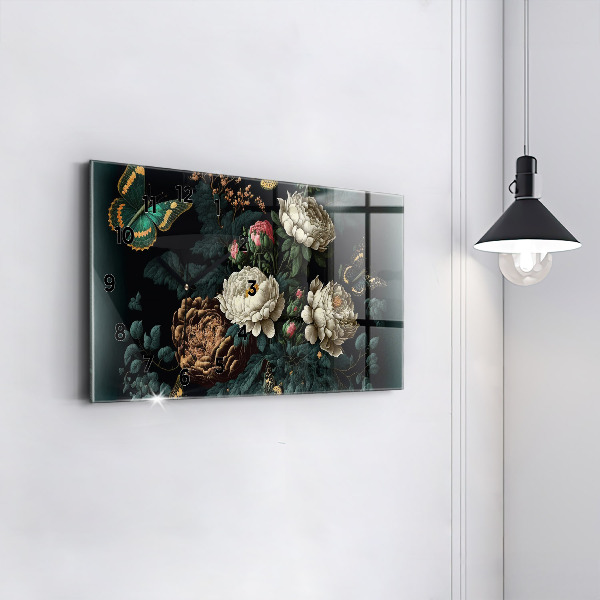 Glass wall clock rectangular Flower and golden butterflies