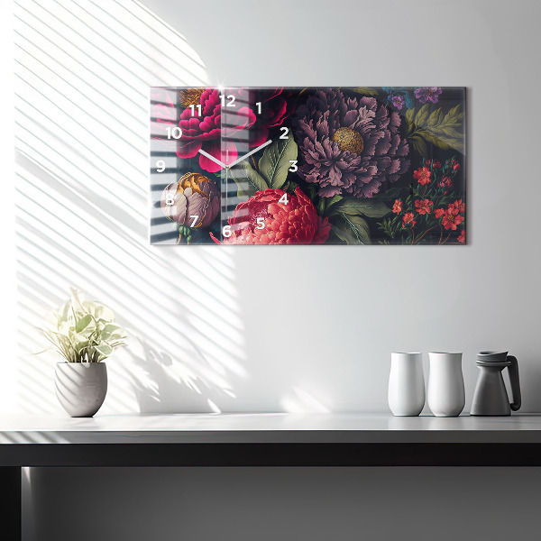 Glass wall clock rectangular Vintage flower bouquet