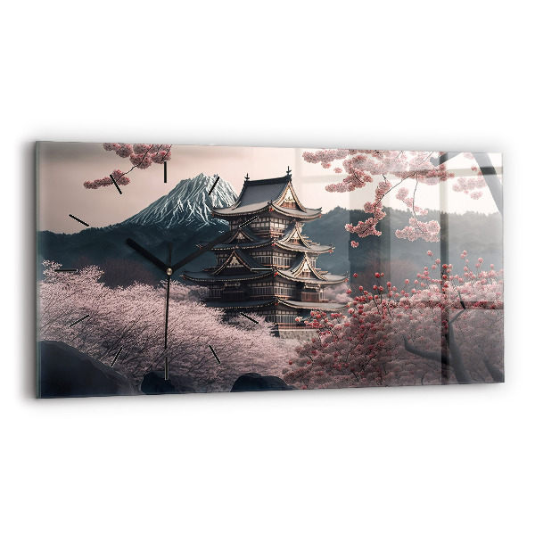 Glass wall clock rectangular Asian Tower Cherry Blossoms
