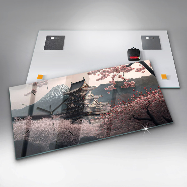 Glass wall clock rectangular Asian Tower Cherry Blossoms