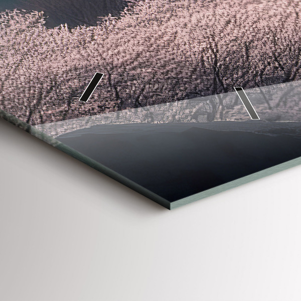Glass wall clock rectangular Asian Tower Cherry Blossoms