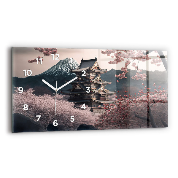 Glass wall clock rectangular Asian Tower Cherry Blossoms