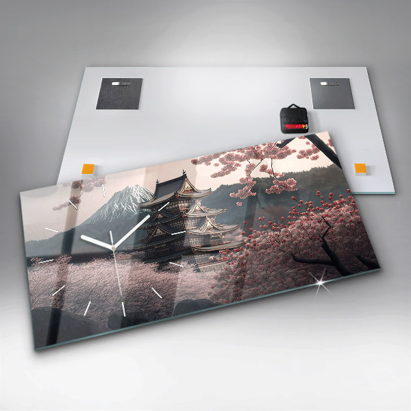 Glass wall clock rectangular Asian Tower Cherry Blossoms