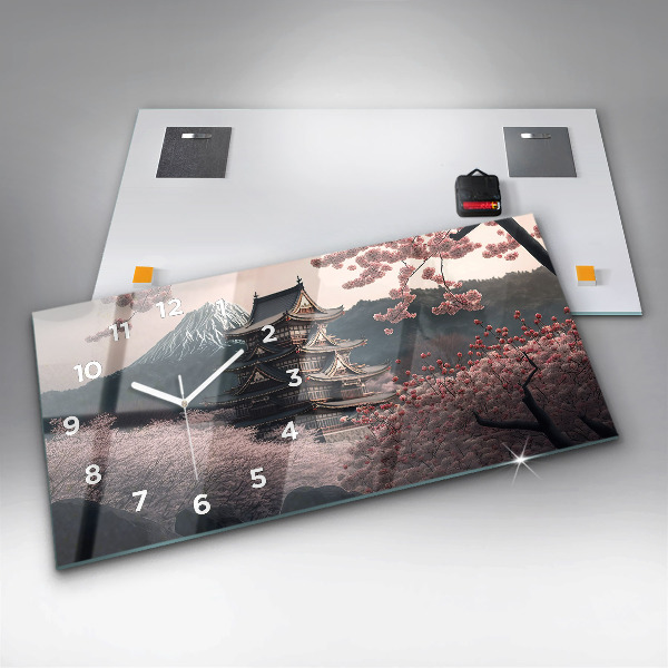 Glass wall clock rectangular Asian Tower Cherry Blossoms