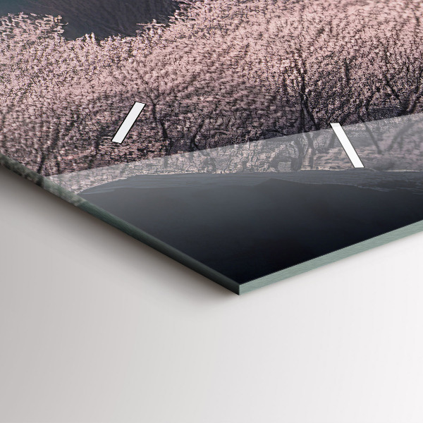 Glass wall clock rectangular Asian Tower Cherry Blossoms