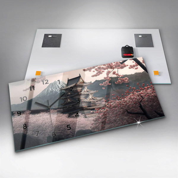 Glass wall clock rectangular Asian Tower Cherry Blossoms