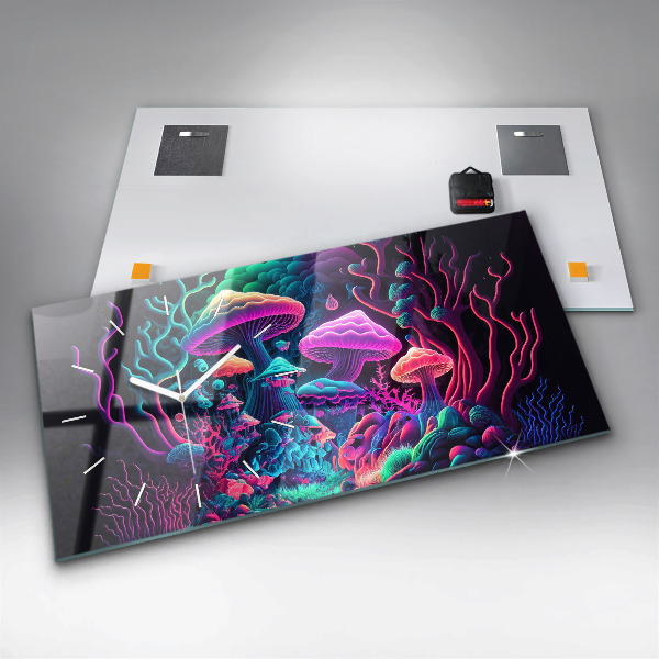 Glass wall clock rectangular Neon Mushrooms