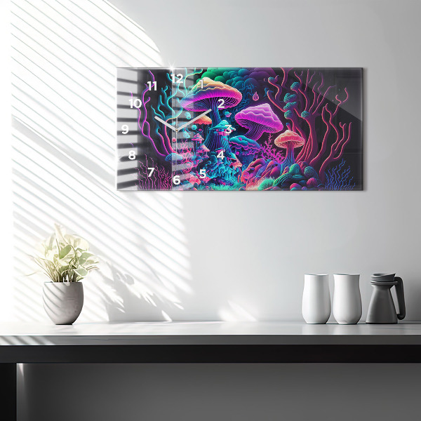 Glass wall clock rectangular Neon Mushrooms