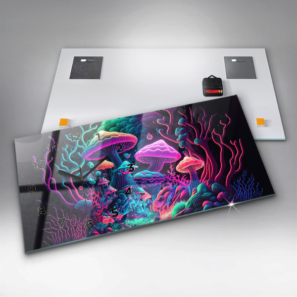 Glass wall clock rectangular Neon Mushrooms