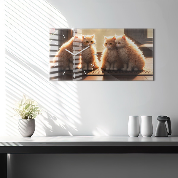 Glass wall clock rectangular Four Kittens in the Sun