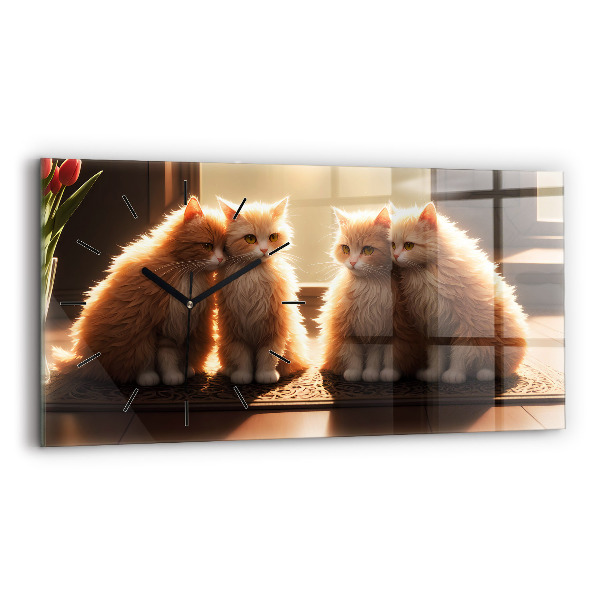 Glass wall clock rectangular Four Kittens in the Sun