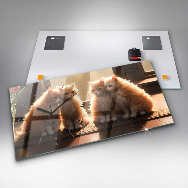 Glass wall clock rectangular Four Kittens in the Sun